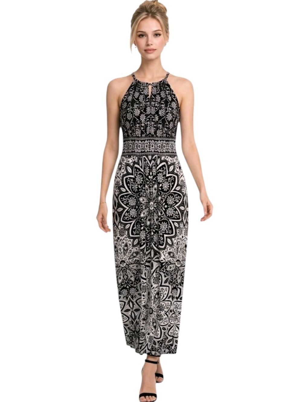 London Times Black & White Floral  Inset Waist Keyhole Halter Maxi Dress Size 8
